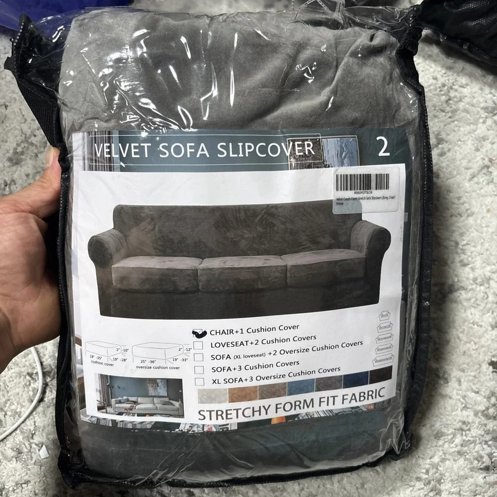 Stretch Velvet Chair Slipcover Dark Gray Armchair Cover with Cushion Cover 2 Pcs